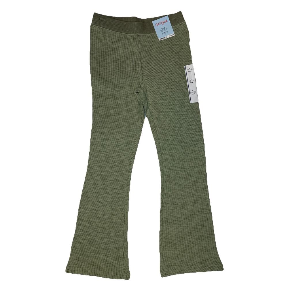 Cat & Jack Girls Ribbed Flare Sweatpants Reinforced Knees Olv Green Sz L (10-12)